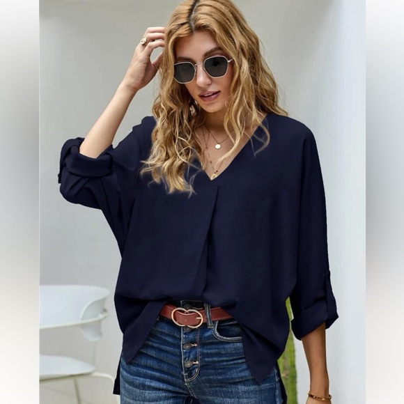 Roll-Up Sleeve V-Neck Blouse - Picture 5 of 5